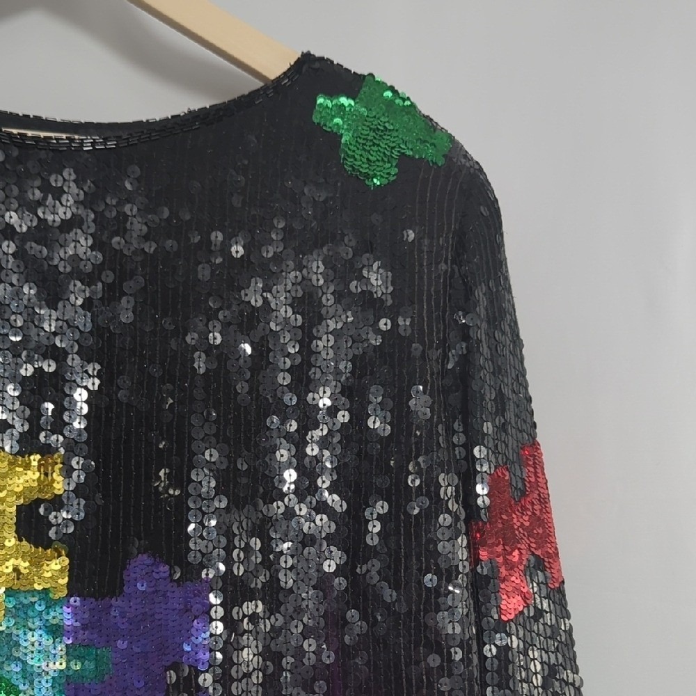 Vintage 80's Sequin Puzzle Piece Silk Colorful Blouse Glass Bead RARE Autism Med - Picture 8 of 16